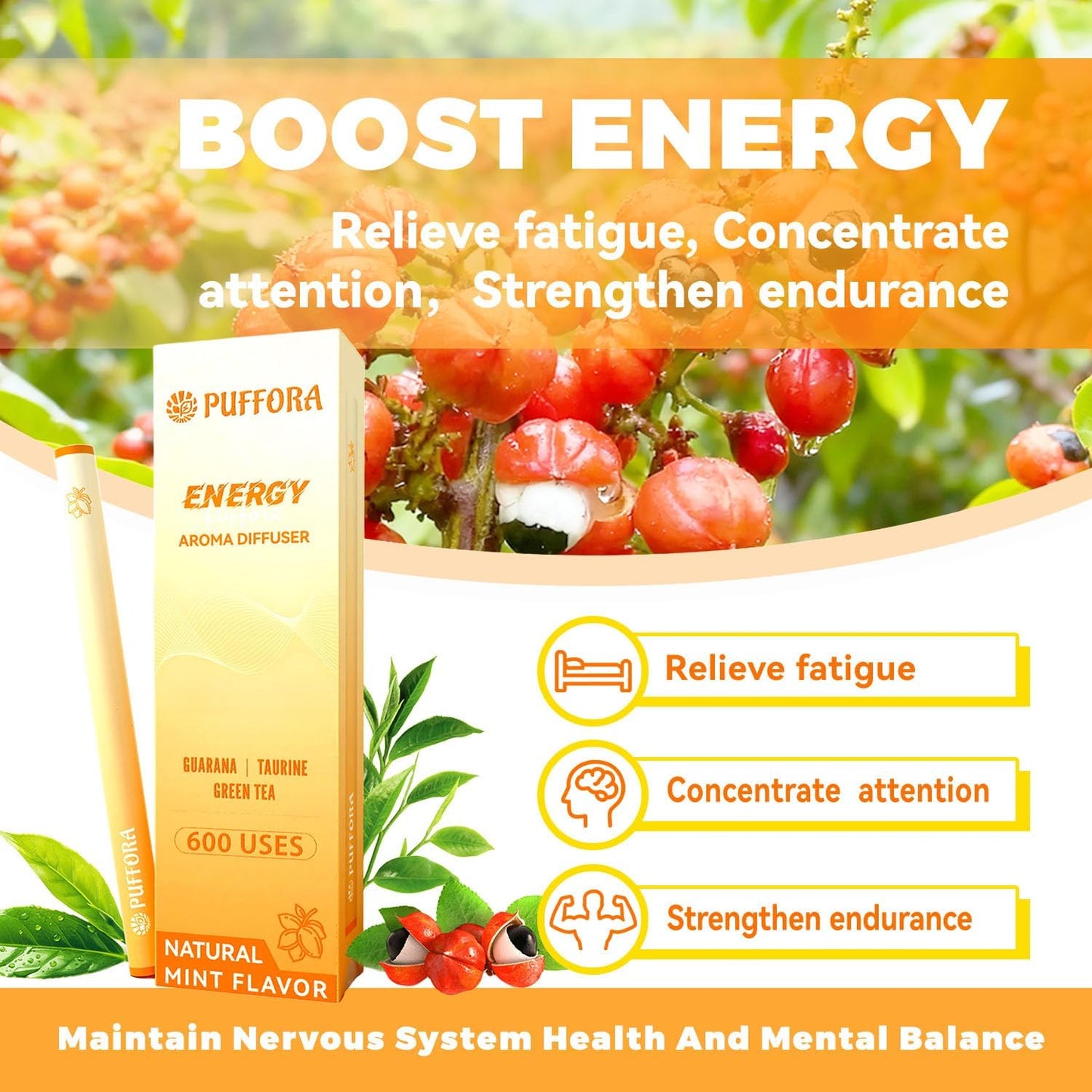 Energy Diffuser Pen, Extracts of Guarana, Green Tea & Taurine, Vitamin B12 & B6, Support for Energy & Focus Boost, Body Relaxation, Natural Alternative - 600 Uses