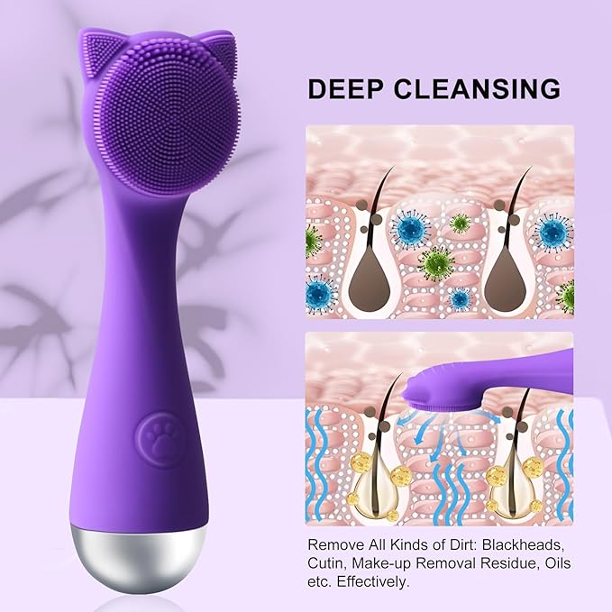 Facial Cleansing Brush, Silicone Face Scrubber Exfoliator for Men & Women, Electric Facial Brush Waterproof, with 3 Speeds Adjustable for Deep Cleaning, Removing Blackhead, Face Massaging (Purple)