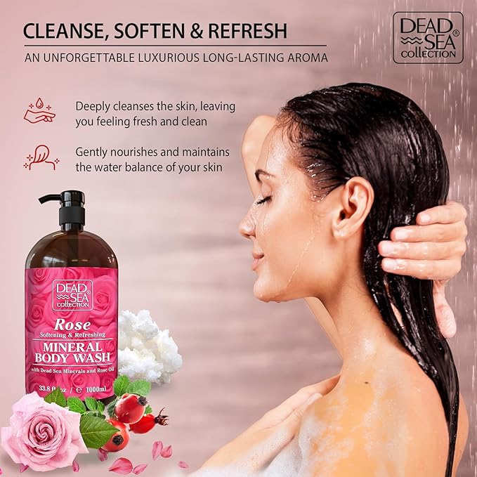 Dead Sea Collection Rose Body Wash for Women and Men – Rose Hip Oil & Dead Sea Minerals – Moisturizing Shower Gel for Dry & Sensitive Skin – Pack of 2 (67.6 fl oz)