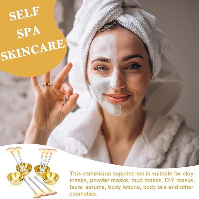 16 Pcs Gold Facial Bowl and Brush Set 8 Facial Fan Brushes Esthetician 8 Gold Facial Mixing Bowls Esthetician Stainless Steel Mixing Bowls Face Mask Brush for Mud Cream Makeup Spa Salon Women