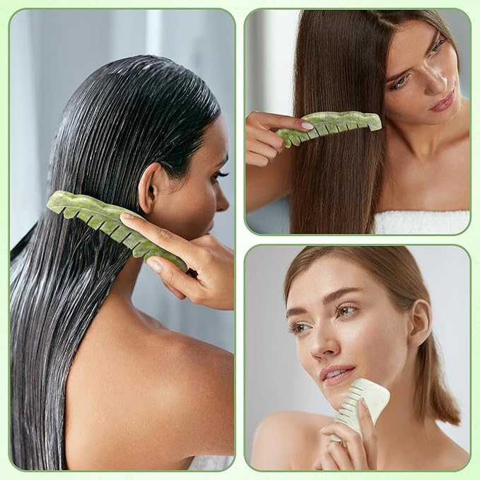Geiserailie 2 Pieces Jade Combs Massage Stone Hair Gua Sha Scraping Scalp Comb Facial Massage Tool Multifunctional Handheld Head Tools Head Caring Therapy Mother's Day Gift(Chic Style)