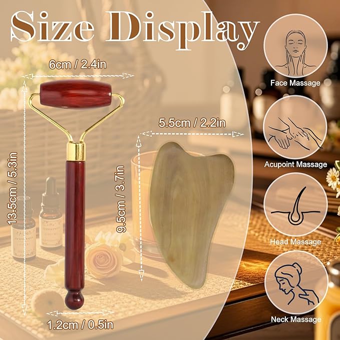 Wooden Gua Sha Facial Massage Tool and Roller Set, Facial Massager for Face, Neck, Eyes, Reduces Puffiness, Improves Wrinkles, Suitable for Women Care, Great Mother's Day Gift for Mom, Grandma