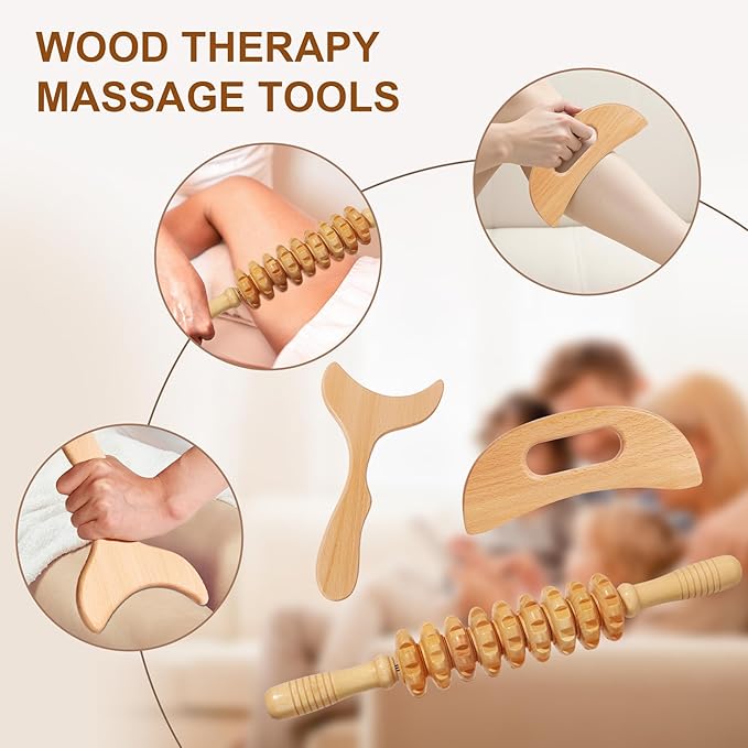 Lymphatic Drainage Massager Manual Wooden Fascia Massage Roller and Gua Sha Tool Set for Body Release Cellulite Anti Cellulite and Relieve Muscle Fatigue 3 Packs