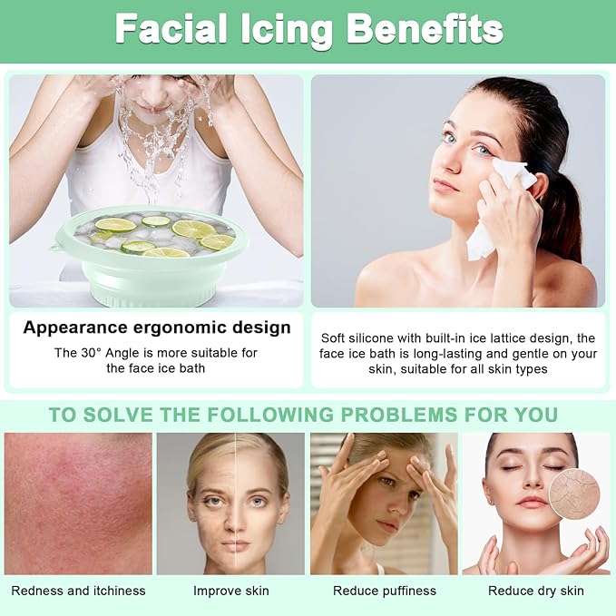 Face Bowl for Ice with Built-in Ice Tray, Collapsible Facial Ice Bath Bowl for Skin Tightening, Acne Relief Cold Plunge Therapy, Portable Spa Tool for Home & Travel (Green)