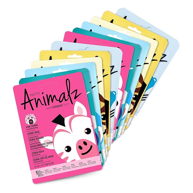 masque BAR Pretty Animalz Animal Character Sheet Mask, Korean Skin Care, Korean Spa Masks for All Skin Types, Spa Gifts, Birthday Party Gifts, Girls' Night, Skincare Party, Assorted Pack of 12