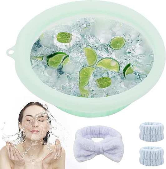 1 Piece of Face Bowl for Ice, Face Ice Bath Bowl, Comes with 1 Light Blue Face Wash Strap and 1 Pair of Face Wash Wrists, Built-in Ice Tray, Foldable and Portable (Green)