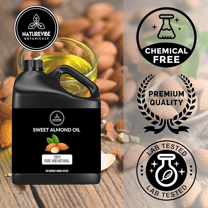 Naturevibe Botanicals Sweet Almond Oil 32 Ounces | 100% Pure and Natural Unrefined Cold Pressed Carrier Oil | Great for Skin Care and Hair Care