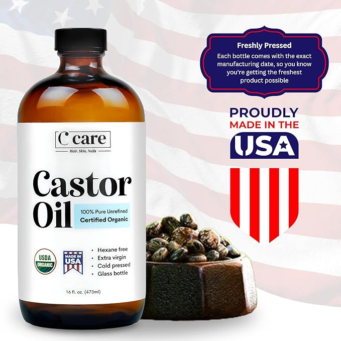 Castor Oil 100% Pure Organic Cold Pressed Unrefined Glass Bottle | USDA Certified Organic | Hexane Free Extra Virgin | For Hair Growth Eyebrows Eyelashes Skin and Castor Oil Pack Wrap | 16oz