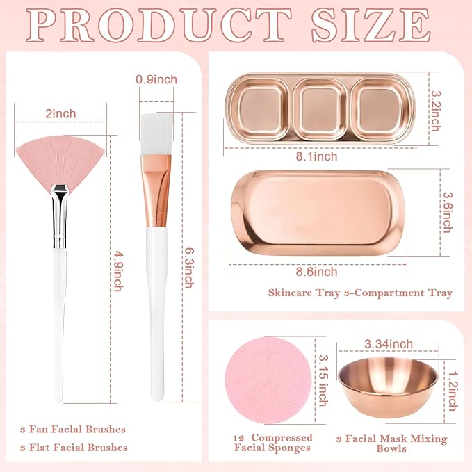 23 Pcs Rose Gold Esthetician Supplies 3 Stainless Steel Facial Mask Mixing Bowls 3 Facial Fan Brushes 3 Flat Brushs Skincare Tray 3-Compartment Serving Tray 12 Compressed Facial Sponges for Skin Care