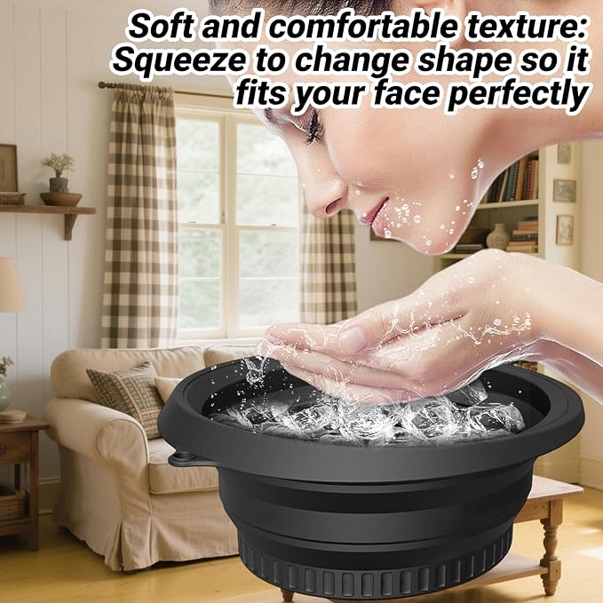 Face Bowl for Ice with Built-in Icetray,Portable Foldable Silicone Face Ice Bath Bowl,Ice Bath Facial Plunge Bowl for Skin Tightening & Acne Relief,Black