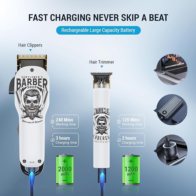 BESTBOMG® Hair Clippers & Trimmer Ceramic T-Blade Cordless Haircut Sets Rechargeable 2000mAh/1200mAh with 10 Guide Combs & for Men/Father/Husband/Boyfriend