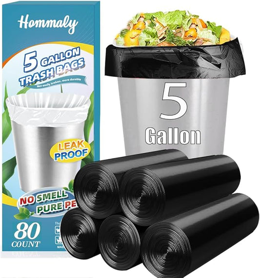 5 Gallon 80pcs (Fit 4.5-5.3 Gal) Small Black Trash Bags Strong Garbage Bags, 18-20 Liter Bathroom Trash Can Bin Liners, Unscented Plastic Bags for Office Home Kitchen, Waste Basket Liner, 5Gal-Black