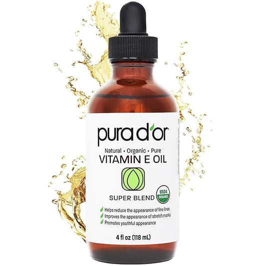 PURA D'OR 4 Oz ORGANIC Vitamin E Oil Blend - 100% Natural Hexane Free, Sweet Almond, Apricot, Jojoba, Argan, Rosehip, Sunflower & Avocado Bath Oil For Scars, Skin, Face & Full Body