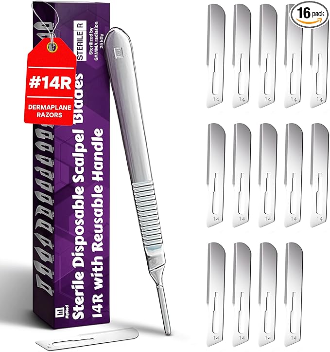 #14R Blades Dermaplaning Scalpels with Dermaplane Handle - Pack of 15 Dermaplane Razor for Women Face + Dermaplane Handle #3, Dermaplaning Tool for Face