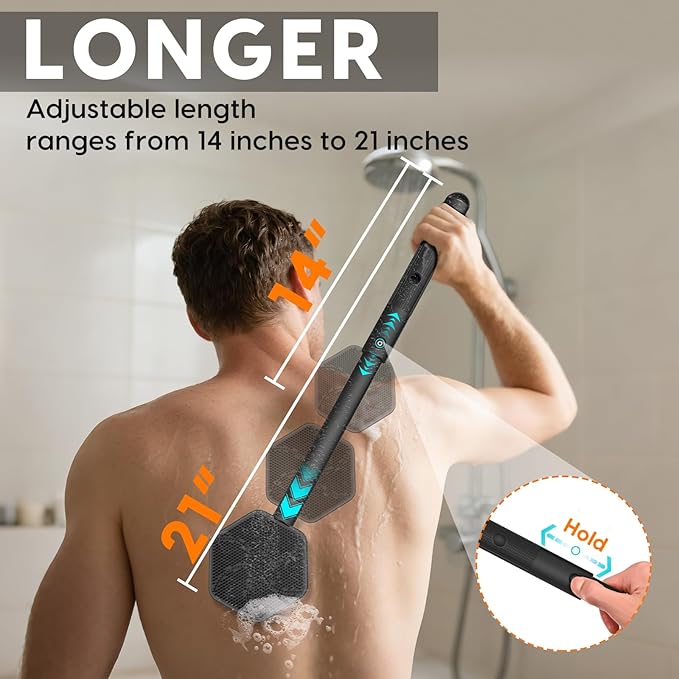 VWMYQ Silicone Back Scrubber for Shower, 24in Adjustable Handle Body Brush, Double Sided Shower Brush for Shower Exfoliating and Massage Can Produce Rich Foam, Long Handle Back Scrubber for Men