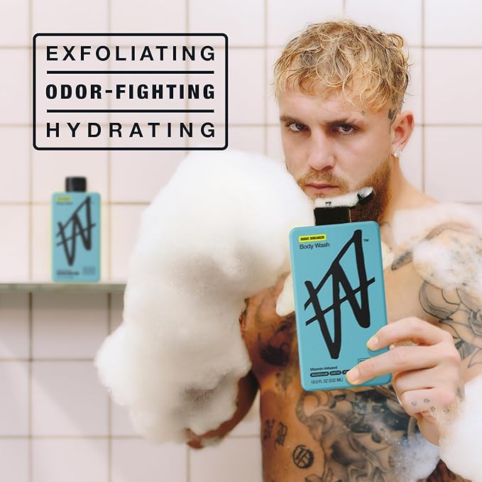 W By Jake Paul Exfoliating Body Wash for Men, Vitamin-Infused, Hydrating Shower Gel, Wave Breaker, 18 fl oz (Pack of 2)