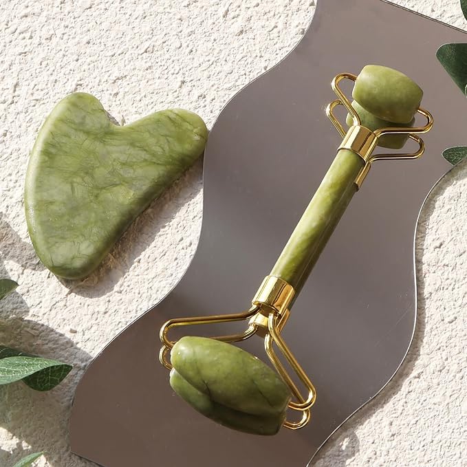 2 Pack – Jade Roller & Gua Sha Facial Tools Set for Face & Body – Face Sculpting, Puffiness & Wrinkle Reducer – Self-Care Beauty Gift for Women & Men