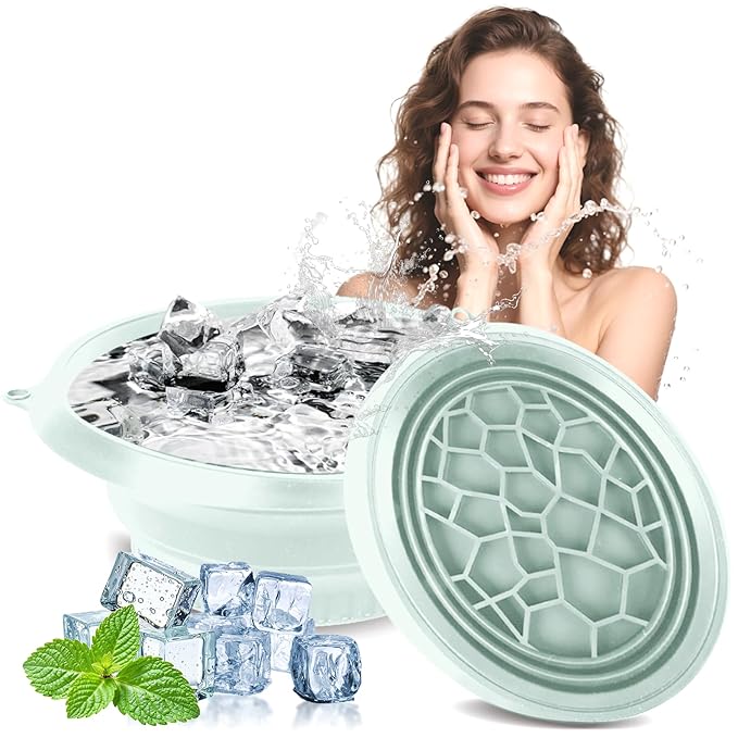 Foldable Silicone Facial Ice Bath Bowl, Ice Face Bowl with Built-in Ice Tray - for Cold Immersion Therapy, Skin Tightening and Acne Relief - Portable Cold Therapy Tool for Home and Travel (Green)