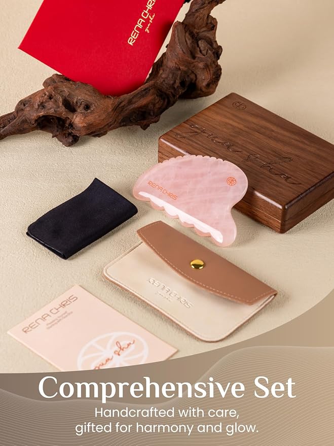 Rena Chris Gua Sha Facial Tool, Natural Rose Quartz Stone Body Gua sha with Exquisite Wooden Box, Large Guasha Suitable for Face Lifting, Puffiness Reducing and Whole-Body Massage, Skin Care Massager