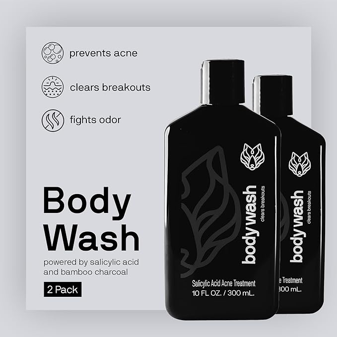Black Wolf Salicylic Acid Body Wash for Men - 10 Fl Oz, 2-Pack - Men's Acne Body Wash - Charcoal Helps Reduce Acne Breakouts & Cleanse Your Skin - Full Coverage & Deep Clean Treatment - Men's Bodywash