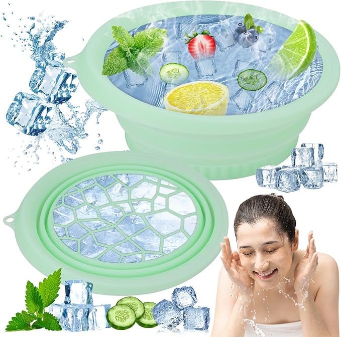 Face Ice Bath Bowl with Built-In Icetray – Collapsible Silicone Facial Ice Bath Bowl for Easy Storage & Carrying,Ice Face Bowl for Cold Plunge Therapy,Facial Plunge Bowl for Home & Travel (Green)