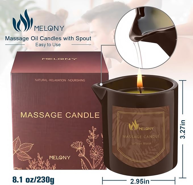 MELONY Massage Oil Candle for Pure Relaxation - 8.1 oz - Moisturizing Essential Oil Body Massage Candle for Home Spa- Amazing Gift for Women & Men (Saffron Blaze)