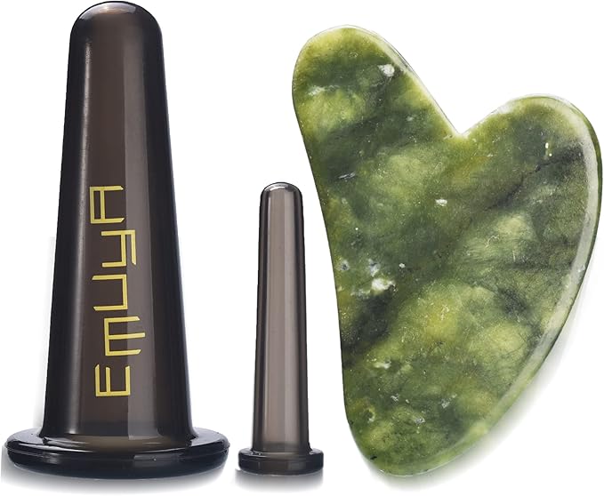 Gua Sha Facial Cupping Set for Face and Neck – Guasha Facial Tools Face Cupping Set for Anti Aging– Real Jade Gua Sha Stone & 2 Sizes Silicon Cups - Sculpting, Contour Jawline, Glowing Skin