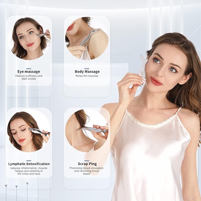 KECC Gua Sha Facial Massager (Fishtail),Stainless Steel Cold Roller Sticks for Face Eyes,Crescent Line Chin Lift Tightening Skin Tool, 4 Edges Drainage Sculpting Beauty Tool