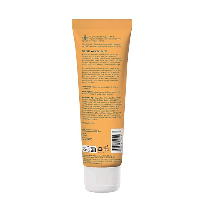 ATTITUDE Body Lotion, EWG Verified Moisturizer, Vegan Skin Care Products, Non-Greasy, Hydrating for Dry Skin, Cruelty Free, Orange Blossom & Eucalyptus Scent, 8 Fl Oz