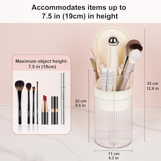 JessLab One-Touch Pop-Up Makeup Brush Organizer with Lid, Dustproof Cosmetic Brush Holder, 4-Compartment Large Capacity for Vanity, Bathroom Countertop, White