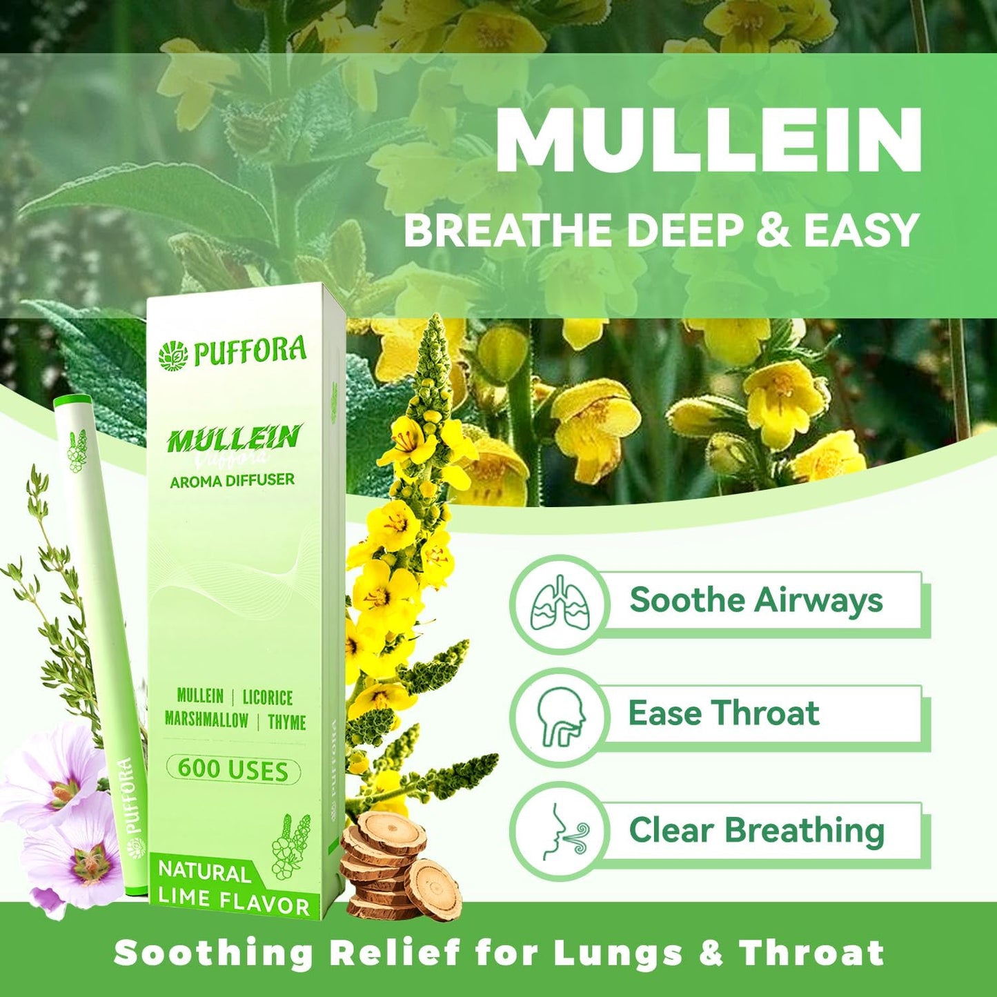 Herbal Diffuser Pen, Supports Lung Rest & Wellness, Breathing and Oral Air Freshening, Plant Based-Mullein, Licorice Root, Marshmallow Root, Thyme Leaf, Mint Oil, Natural Alternative - 600 Uses