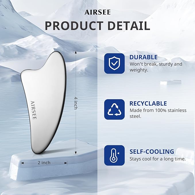 AIRSEE Gua Sha Facial Tools, Stainless Steel Gua Sha Board, Tighten Skin Massage, Beauty Tool for Body Eyes Neck Metal Massager with Travel Pouch Skin Care Gifts (Silver)