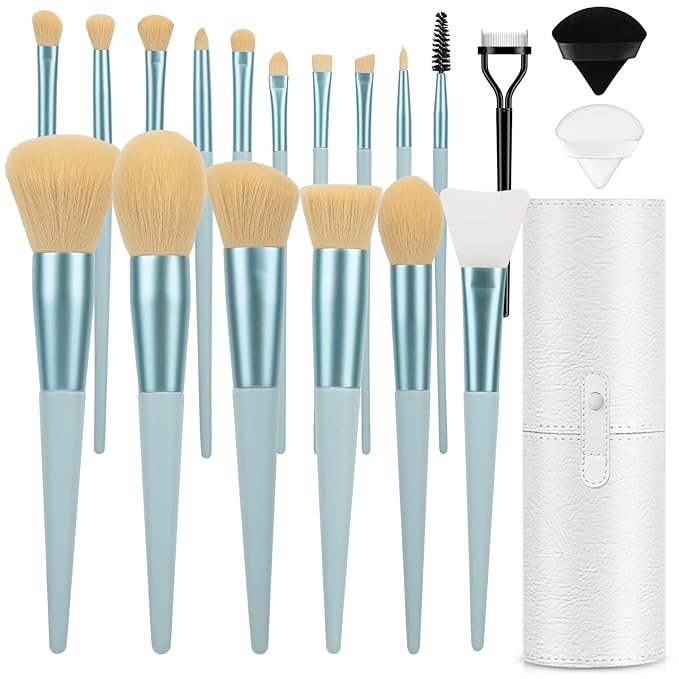 Makeup Brushes 20PCs Makeup Brush Set with Foundation Eyebrow Blending Concealer Blush Eyeshadow Contour Lash Powder Brush, Travel Make Up Brush Kit with Case & 2 Powder Puff - Baby Blue
