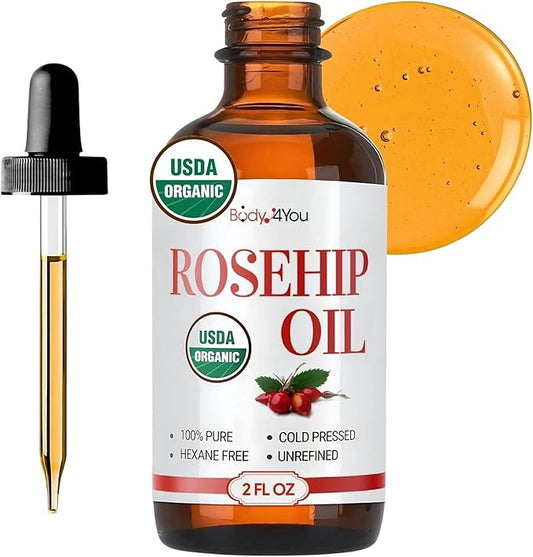 BodyJ4You Rosehip Oil for Face - 100% Pure Natural USDA Organic Cold Pressed - Hydrating Skin Hair Nails Anti-Aging Wrinkle Scar Treatment Gua Sha - Non-GMO Undiluted Carrier - Glass Bottle 2 Fl Oz