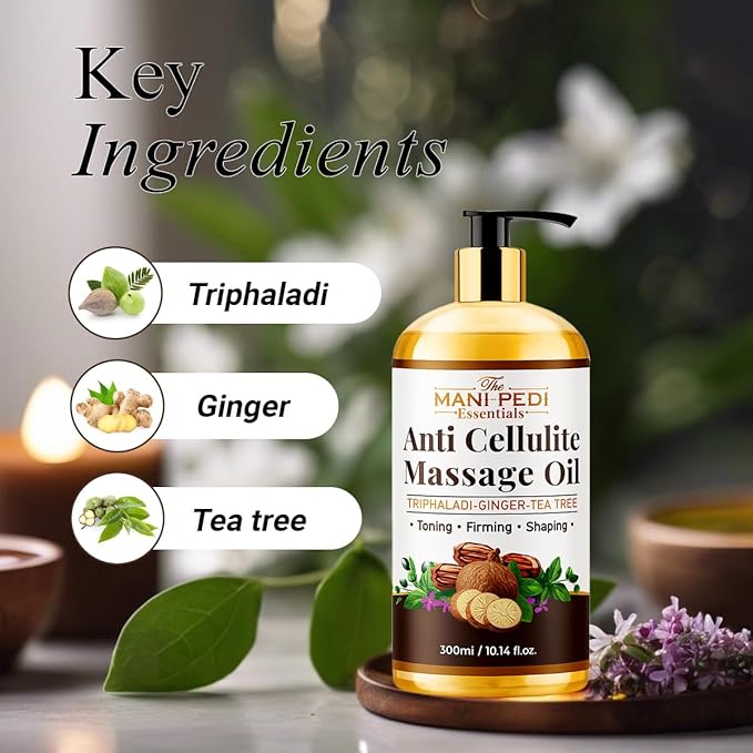 Anti Cellulite Massage Oil with Ginger Oil, Tea-Tree Oil & Natural Herbs for Toning, Firming & Shaping. 100% Natural Ingredients, Non-Sticky Texture - 10 Fl Oz