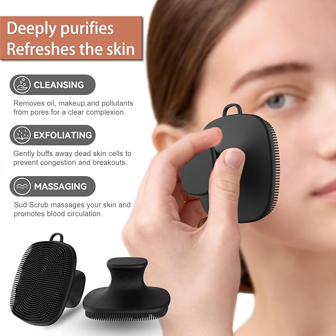 3 PCS Silicone Bath Brush Set,Back Scrubber & Body Brush & Face Brush Set, Super-Exfoliating & Lathering Body Scrubber, Shower Brush, Face Scrubber Combination for HomeBathroom Hotel Travel.(Black)