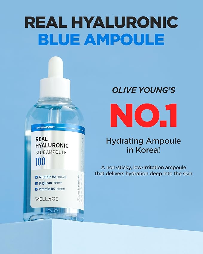 WELLAGE Real Hyaluronic Blue Ampoule 100, Fragrance Free Hyaluronic Acid Ampoule, Hydrating Non Sticky Serum for Sensitive Dry Skin, 2.54 fl.oz