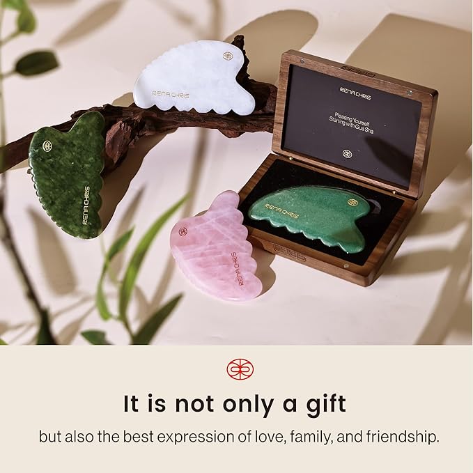 Rena Chris Gua Sha Facial Tool, Natural Xiuyan Jade Stone Body Gua Sha with Exquisite Wooden Box, Large Guasha Suitable for Face Lifting, Puffiness Reducing and Whole Body Massage, Skin Care Massager