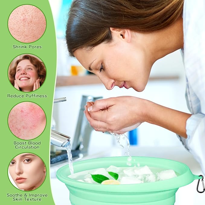 Foldable Ice Bowl with Built-In Ice Tray – Silicone Facial Ice Bath for Shrinking Pores, Boosting Circulation, Cold Plunge Skincare Gift for Men & Women (Green）