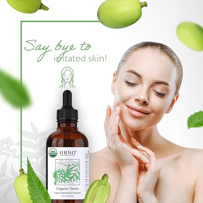 HBNO Organic Neem Oil - 4 oz (120ml) Value Size - Ideal for Face wash, Lotions, Skincare, and Hair Care Products (Glass Bottle)