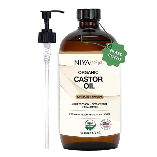 Niyavera 16oz Pure Castor Oil Organic Cold Pressed Unrefined, Hexane Free,Natural - Glass Bottle with Pump, USDA Certified, Golden Castor oil for Skin, Hair, Lashes, Nails & More