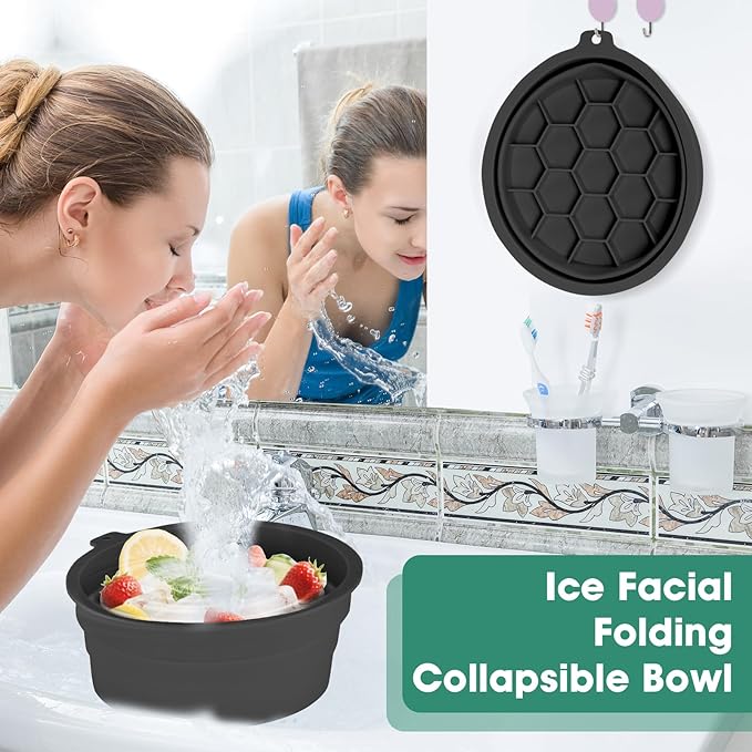 Face Bowl for Ice Silicone Facial Bowls with Built - in Tray Foldable Washbasin for Face Tub Plunge & Cold Plunge Quick Skin Cooling in Ice Baths -Bath Spa Tool for Home Camping Travel & Black