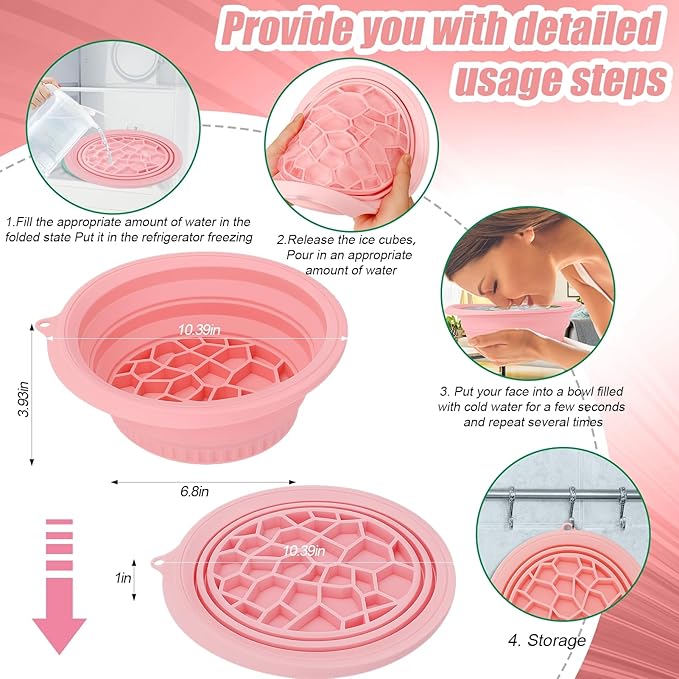 Palksky Face Ice Bath Bowl with Built-in Icetray, Silicone ICES Facial Bowls Collapsible Washbasin, Facial Plunge Bowl, Face Icebath at Home for Skin Tightening, Acne Relief, (Bright Pink