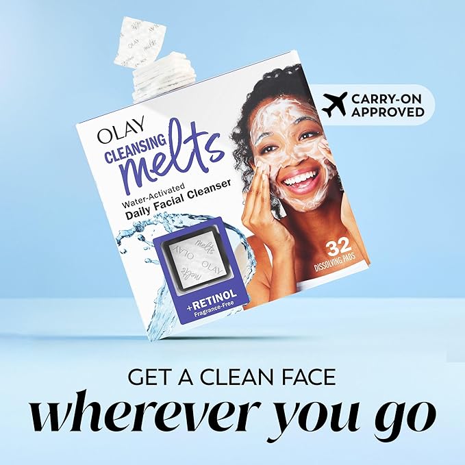 Olay Face Wash, Retinol Cleansing Melts, Fragrance-Free, Daily Use Gentle Cleanser, For All Skin Types, Travel Size, Water-Activated to Clean, Tone, and Refresh, 64ct (2 Pack x 32ct)