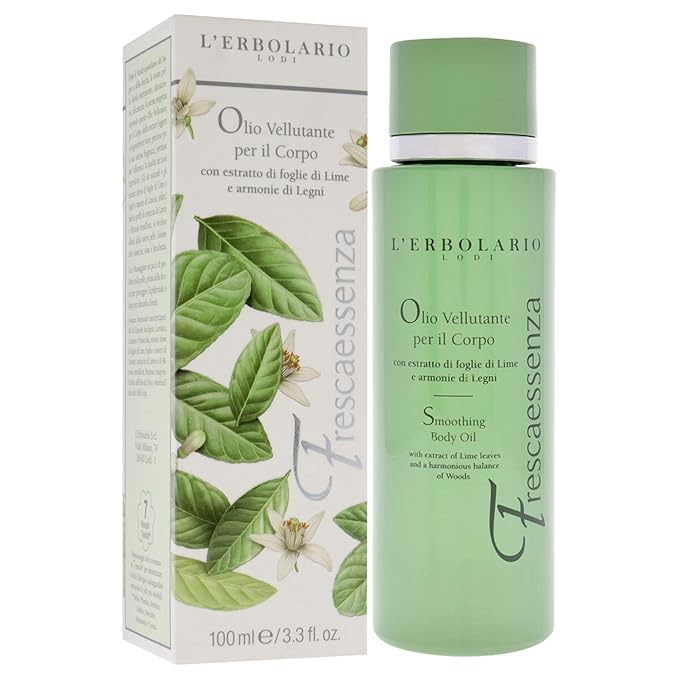 L’Erbolario Frescaessenza Smoothing Body Oil - Tightening, Toning and Dry Skin Moisturizer - Massage and Vitamin E Oil with Sunflower Oil - 3.3 oz