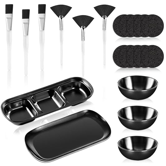21 Pcs Black Esthetician Supplies 3 Stainless Steel Facial Mask Mixing Bowls 3 Fan Brushes Esthetician 3 Facial Flat Brushes Skincare Tray 3-Compartment Serving Tray 10 Round Compressed Facial Sponges