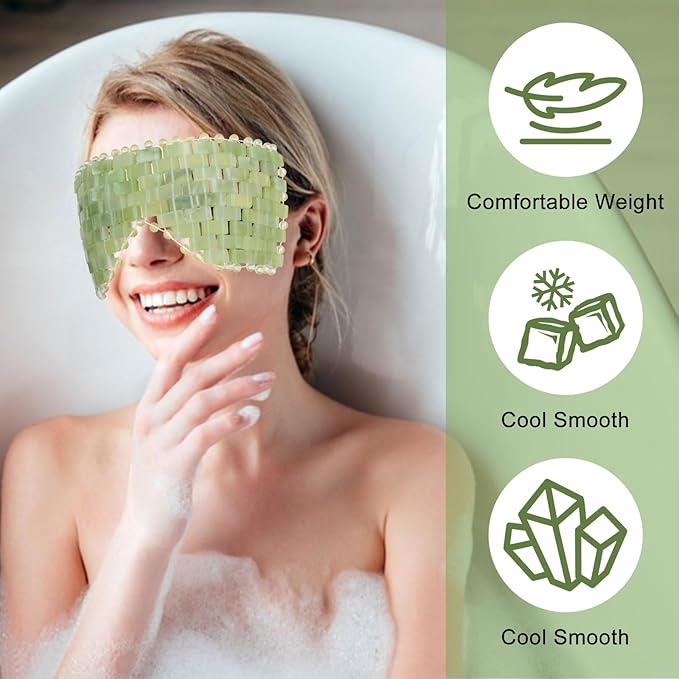 4 Pcs Jade Eye Mask & Skin-Safe Glass Facial Massage Tool, Jade Cooling Mask & Gua Sha Therapy Roller for Skincare Relieve Puffiness, Anti-Aging, Stress Relief