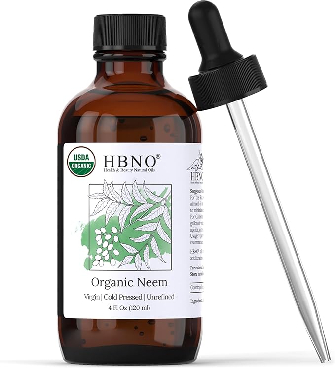 HBNO Organic Neem Oil - 4 oz (120ml) Value Size - Ideal for Face wash, Lotions, Skincare, and Hair Care Products (Glass Bottle)