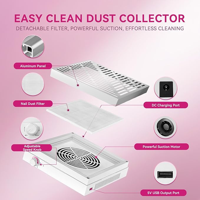 Makartt Rechargeable Nail Dust Collector - Machine Ultra Thin Nail Vacuum Dust Collector for Acrylic Nails Drills Portable SYMPHONEE Nail Dust Extractor with Reusable Filter White