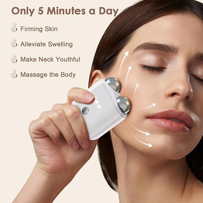 Mini Facial Firming Device, Microcurrent Facial Device, Face and Neck Skincare Device with Vibration Mode, Portable Facial Roller Massager Tool for Man and Woman, White